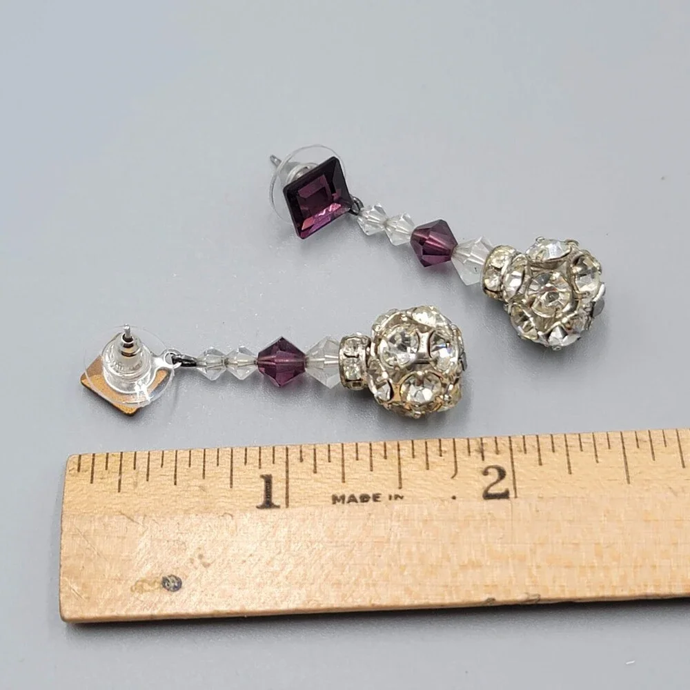 Vintage Purple Rhinestone Pierced Earrings Silver tone Bead Dangle 1.75" - Picture 2 of 9